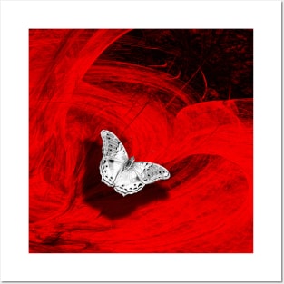 Silver butterfly emerging from the red depths Posters and Art